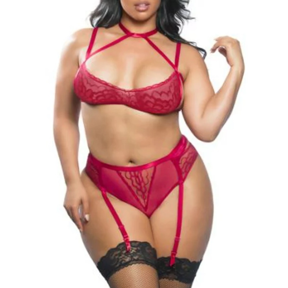 Oh La La Cheri Plus Size 1X/2X Smooth Lace Harness Bra Garter Set Red 40-10538X